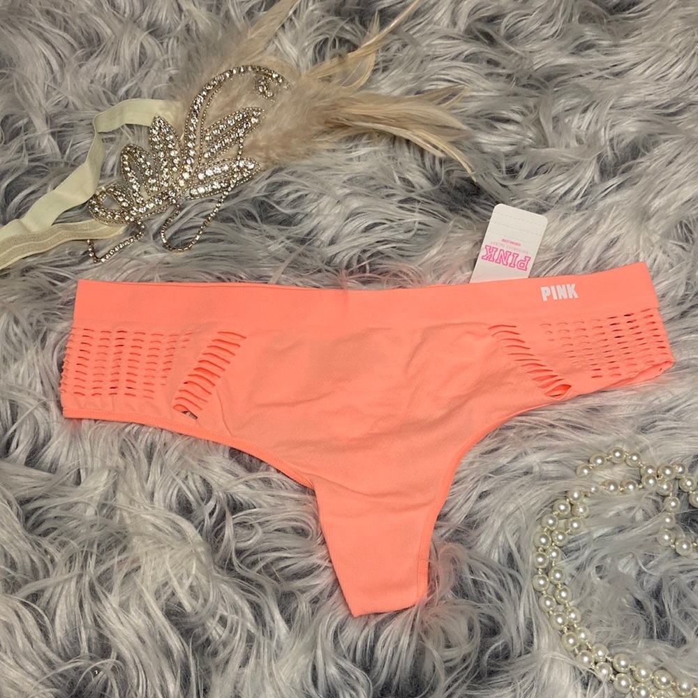 NWT Victoria’s Secret PINK neon orange stretchy thong with side cut outs sx XS